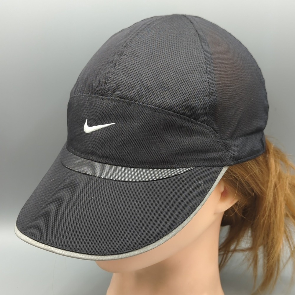 Vintage Nike Tailwind 7 Panel Hat Cap Black Mesh Running Mini White Swoosh Y2K